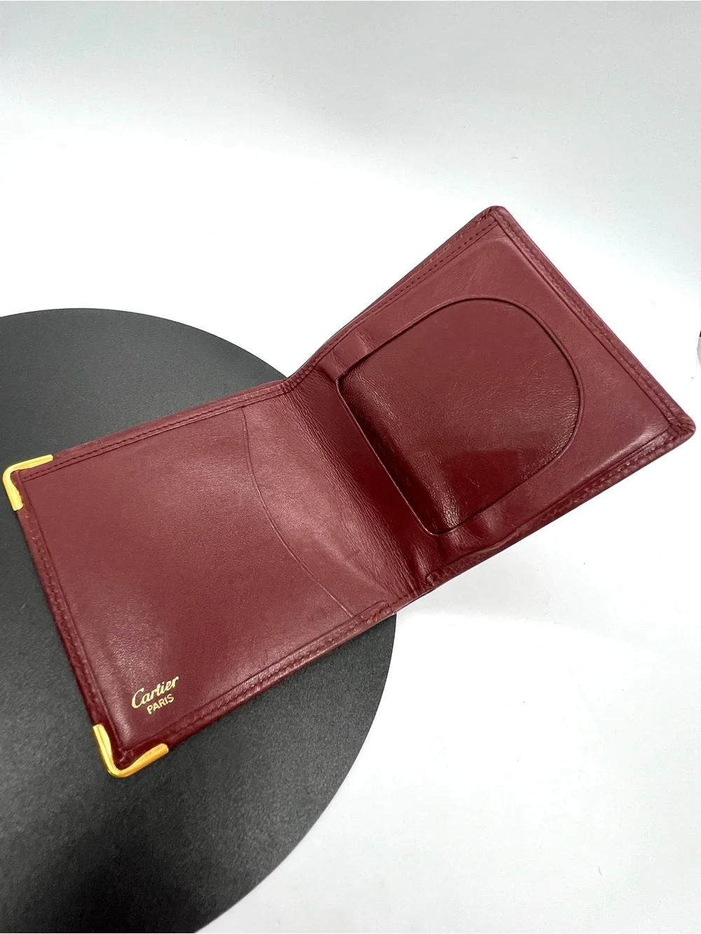 Cartier Burgundy Leather Bifold Card & Key Holder with Gold Corners